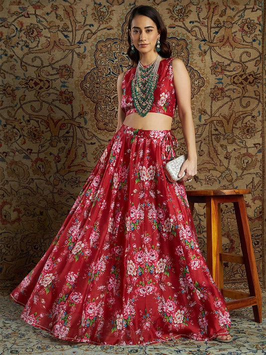 Sassafras Women's Red Chanderi Floral Crop Top With Skirt